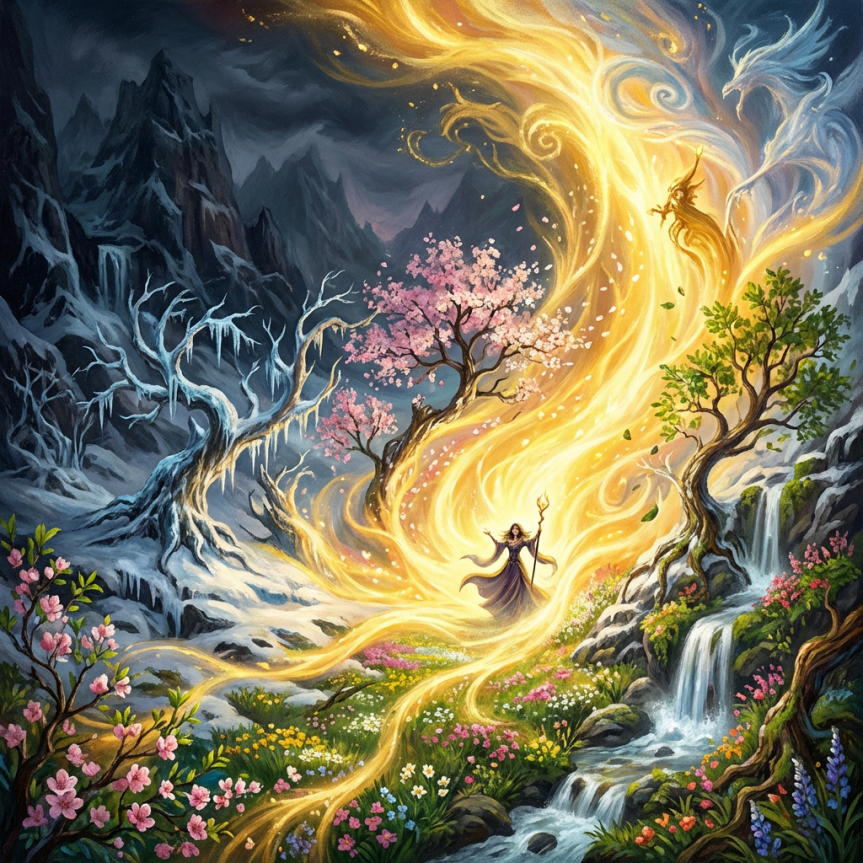 A sorceress conjures golden light to turn a snowy mountain landscape into a blooming forest.