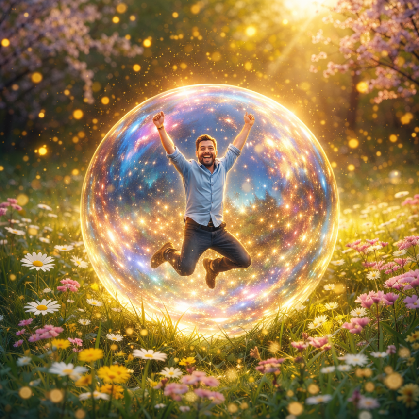 Glowing, colorful orb resting on grass surrounded by daisies and pink flowers under warm sunlight.